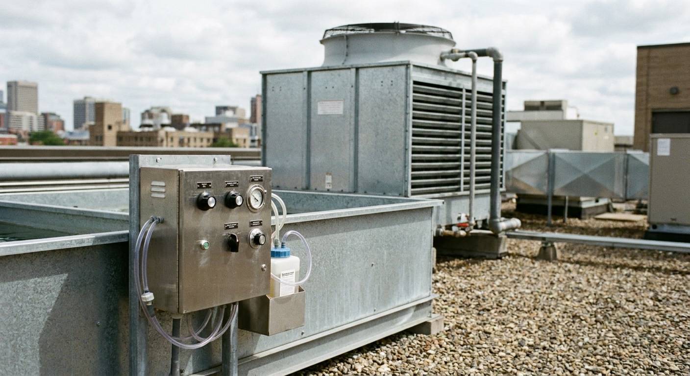 A rooftop cooling tower with a water treatment controller and chemical feed tubing at the basin.