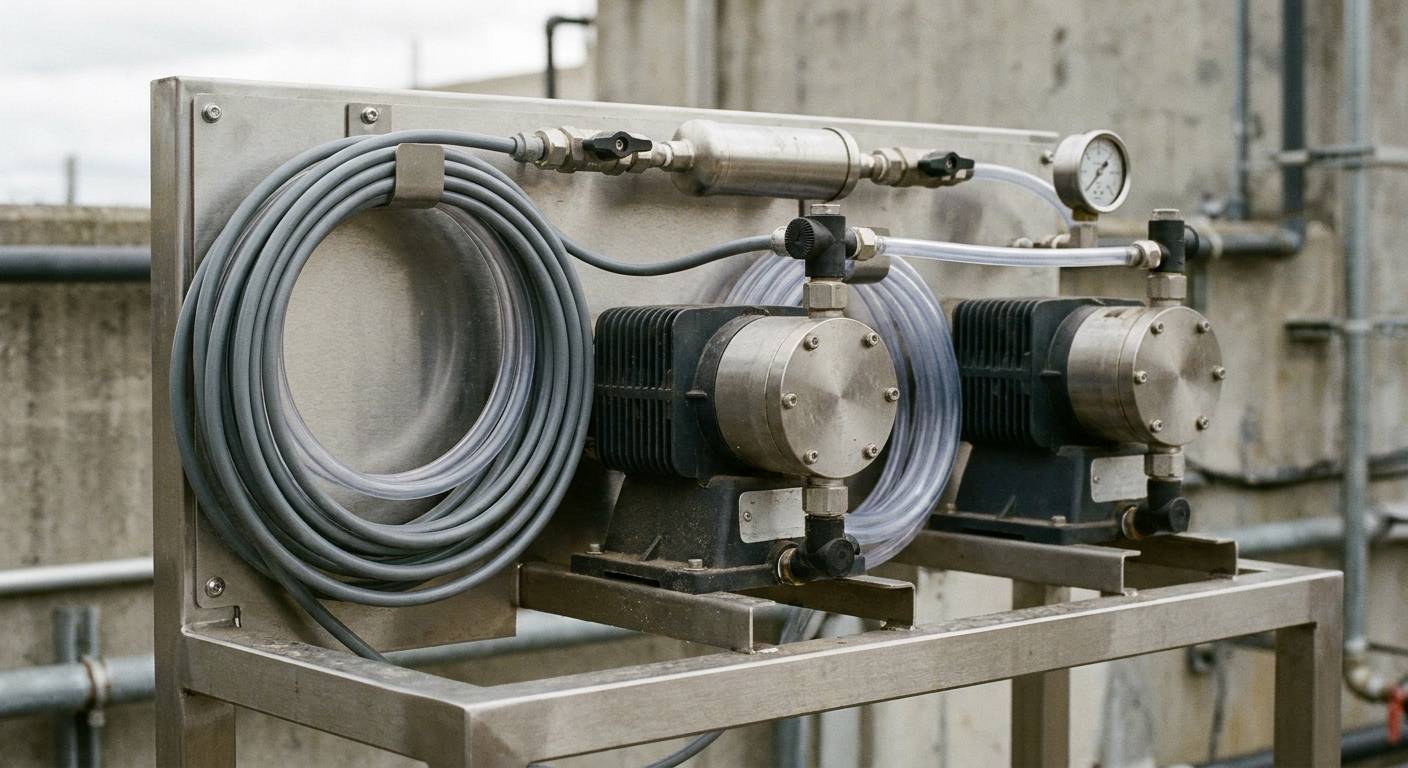 Two diaphragm metering pumps on a stainless frame with grey and clear PVC tubing.