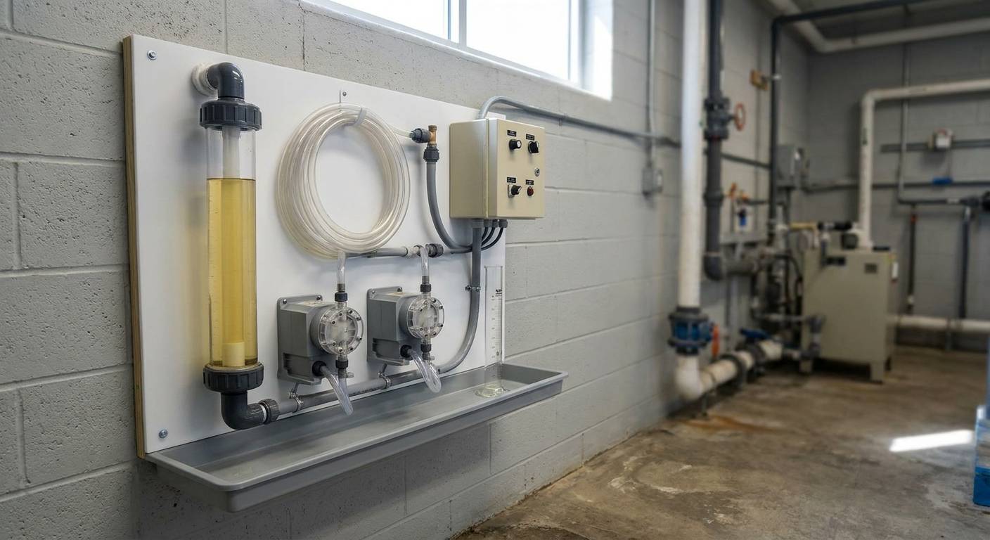 A wall-mounted chlorine dioxide generator skid with a clear reaction column holding yellow-green solution, two metering pumps, tubing and a control box in a water treatment plant chemical room.