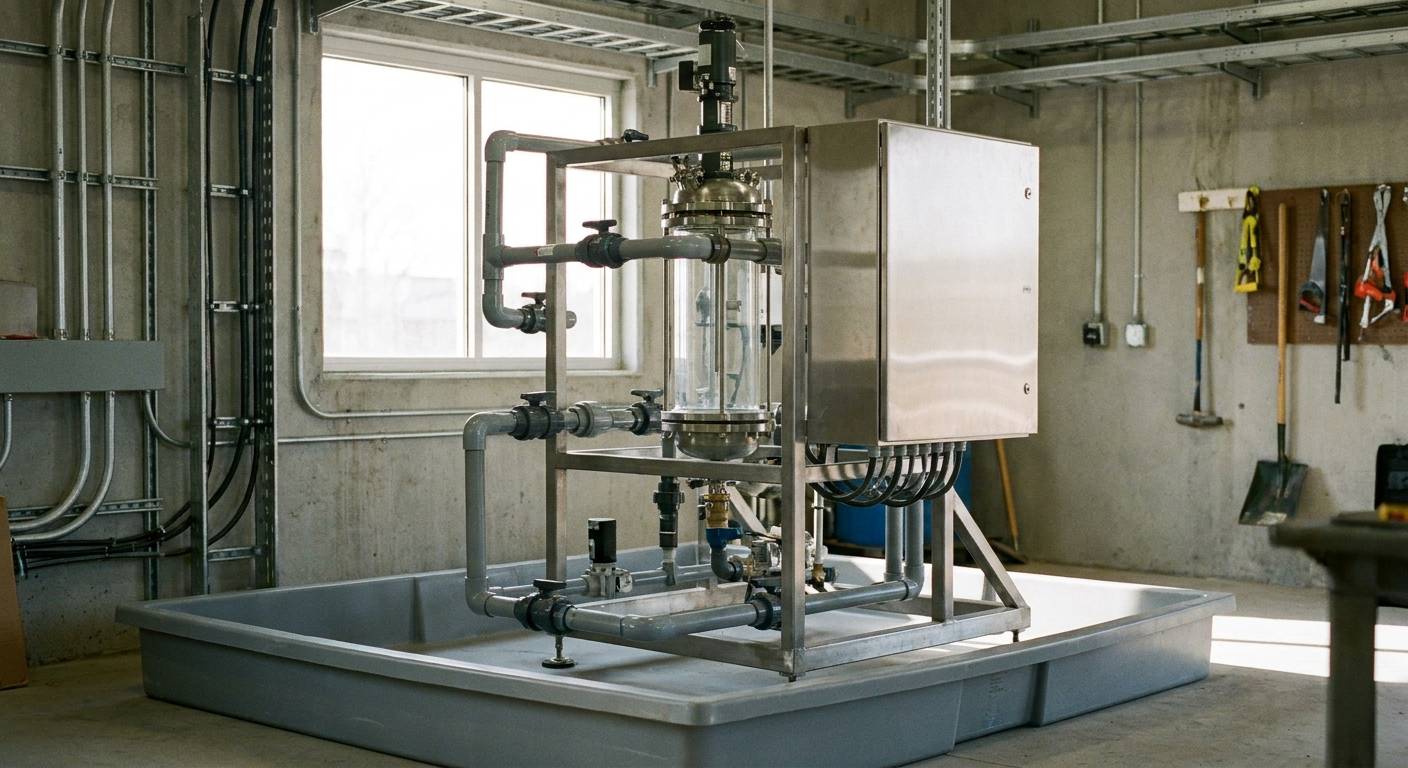 A floor-standing generator skid with a vertical reactor tube, grey PVC pipework, a stainless control cabinet and a drip tray in a plant room.
